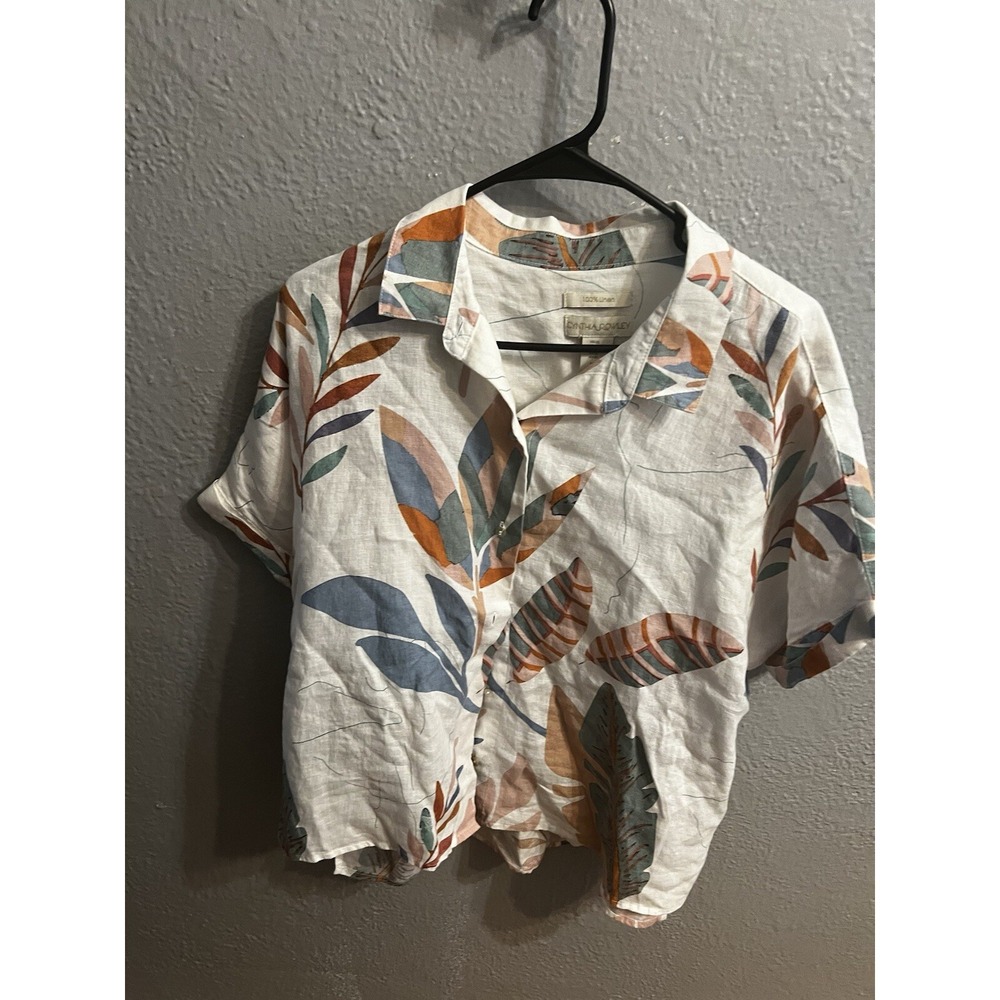 Cynthia Rowley White Linen Crop Top with Blue and Orange Leaf Print